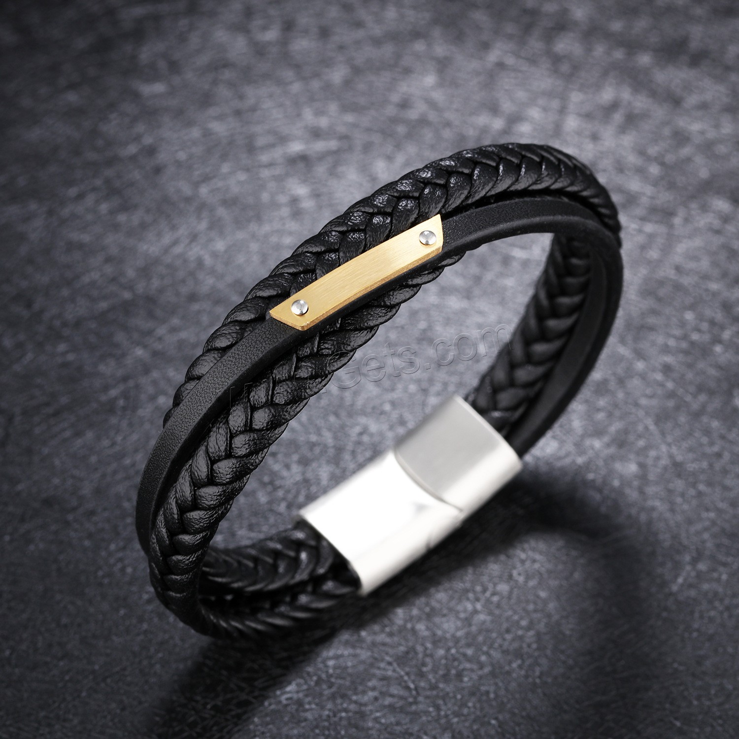 Titan Edelstahl Armband / Armreif, PU Leder, mit Titanstahl, plattiert, mehrschichtig & unterschiedliche Länge der Wahl & für den Menschen, schwarz, 25mm, verkauft von Strang
