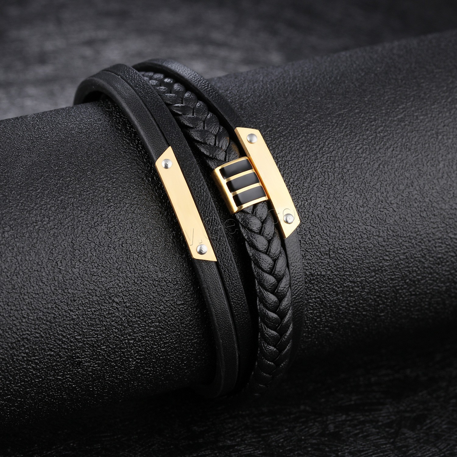 Titanium Steel Bracelet & Bangle, PU Leather, with Titanium Steel, plated, different length for choice & woven pattern & for man & 4-strand, black, 25mm, Sold By Strand