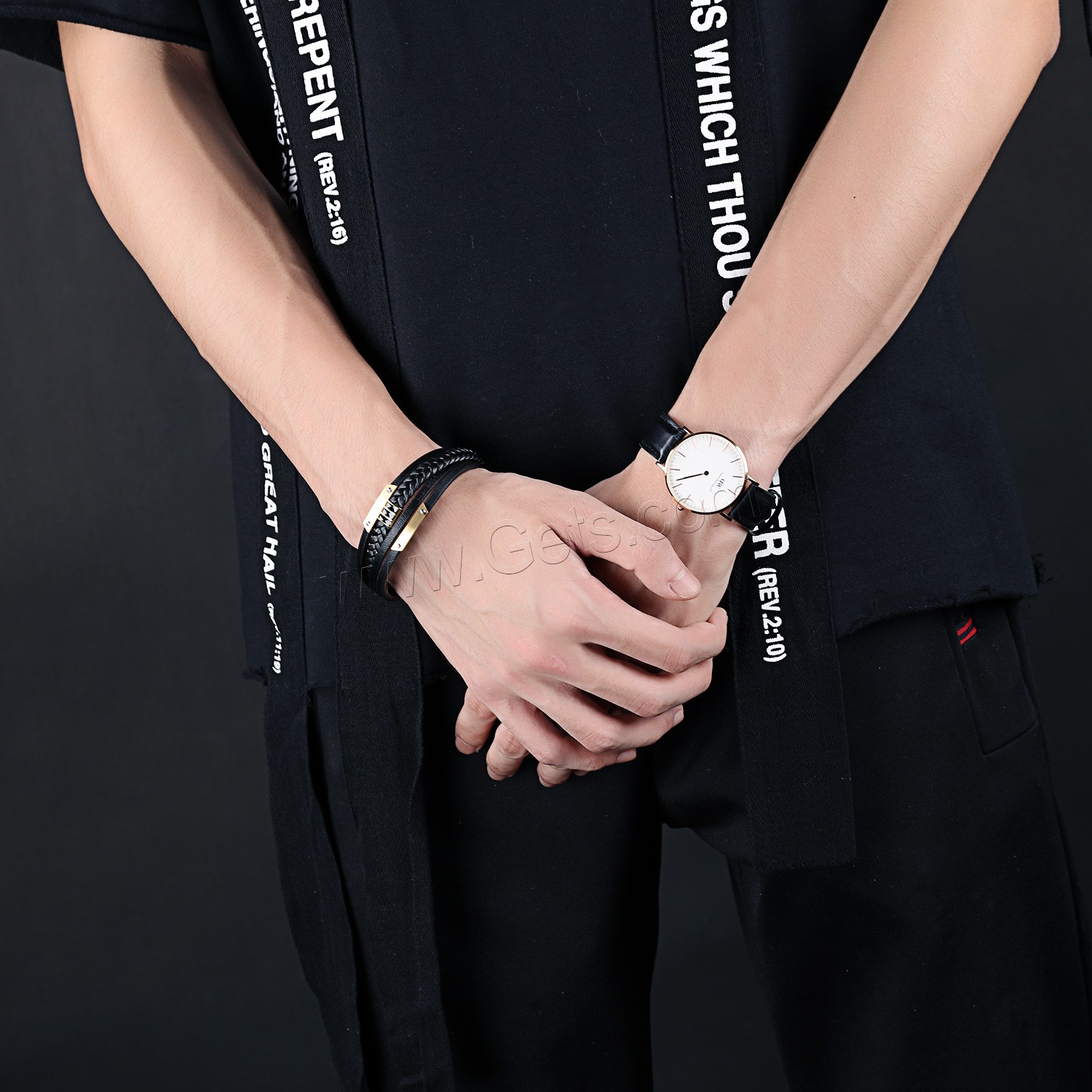 Titan Edelstahl Armband / Armreif, PU Leder, mit Titanstahl, plattiert, unterschiedliche Länge der Wahl & gewebte Muster & für den Menschen & 4-Strang, schwarz, 25mm, verkauft von Strang