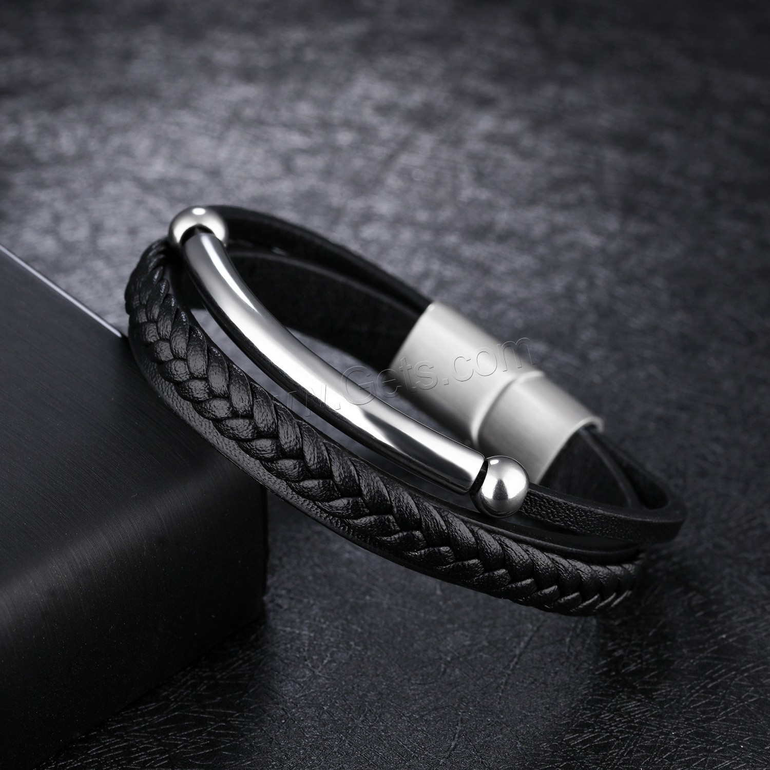 Titan Edelstahl Armband / Armreif, PU Leder, mit Titanstahl, plattiert, unterschiedliche Länge der Wahl & für den Menschen & 3-Strang, schwarz, 62mm, verkauft von Strang