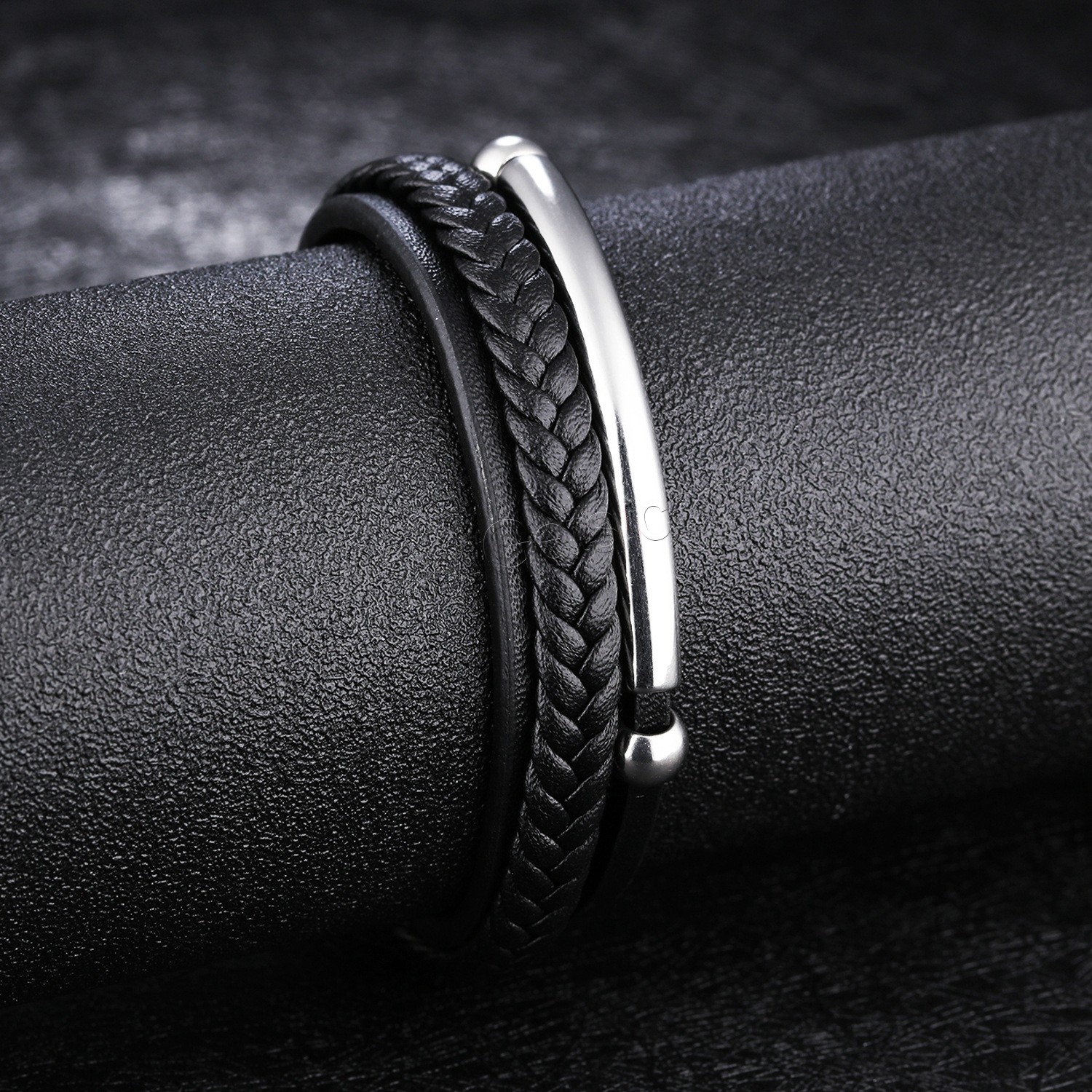 Titanium Steel Bracelet & Bangle, PU Leather, with Titanium Steel, plated, different length for choice & for man & 3-strand, black, 62mm, Sold By Strand