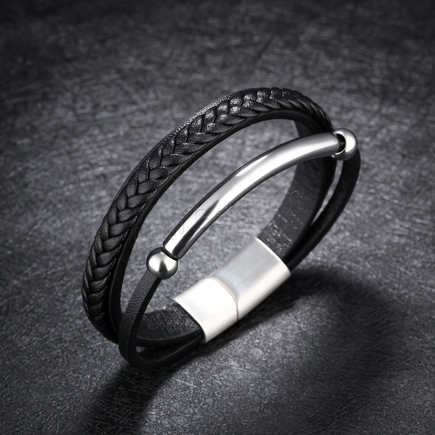 Titanium Steel Bracelet & Bangle, PU Leather, with Titanium Steel, plated, different length for choice & for man & 3-strand, black, 62mm, Sold By Strand