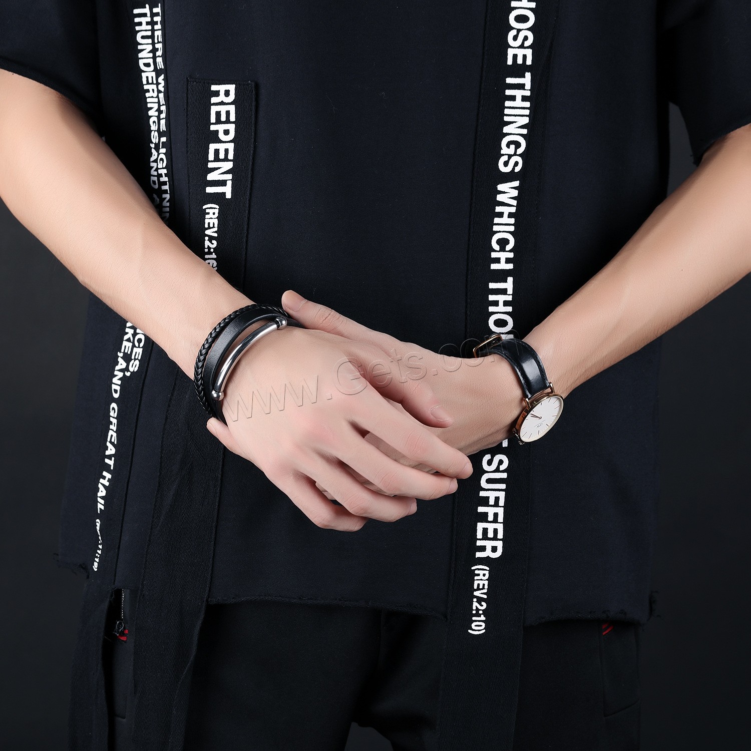 Titan Edelstahl Armband / Armreif, PU Leder, mit Titanstahl, plattiert, unterschiedliche Länge der Wahl & für den Menschen & 3-Strang, schwarz, 62mm, verkauft von Strang
