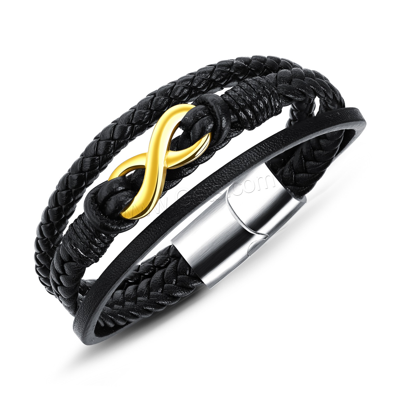 Titanium Steel Bracelet & Bangle, PU Leather, with Titanium Steel, plated, different length for choice & for man & 3-strand, black, 26mm, Sold By Strand