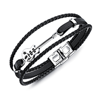 Titane bracelet en acier et bracelet, cuir PU, avec Acier titane, Placage, pour homme & 3 brins, noire, 40mm Environ 8 pouce, Vendu par brin