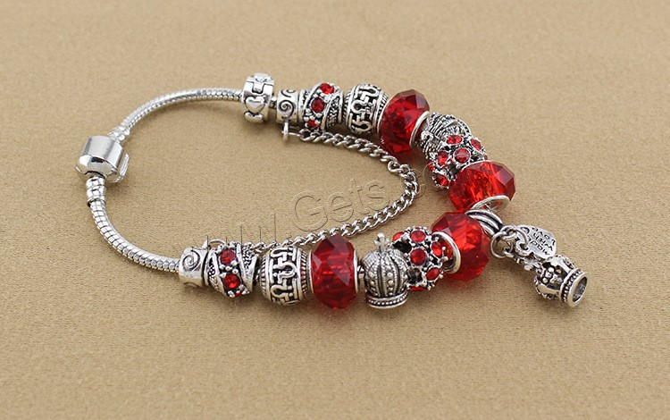 Zinc Alloy European Bracelets, with brass chain & Crystal, plated, charm bracelet & different length for choice & snake chain & for woman & faceted & with rhinestone, more colors for choice, Sold By Strand