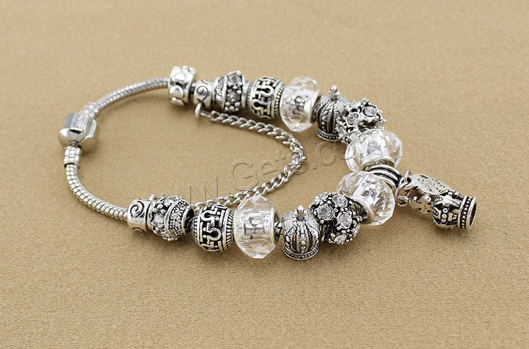 Zinc Alloy European Bracelets, with brass chain & Crystal, plated, charm bracelet & different length for choice & snake chain & for woman & faceted & with rhinestone, more colors for choice, Sold By Strand