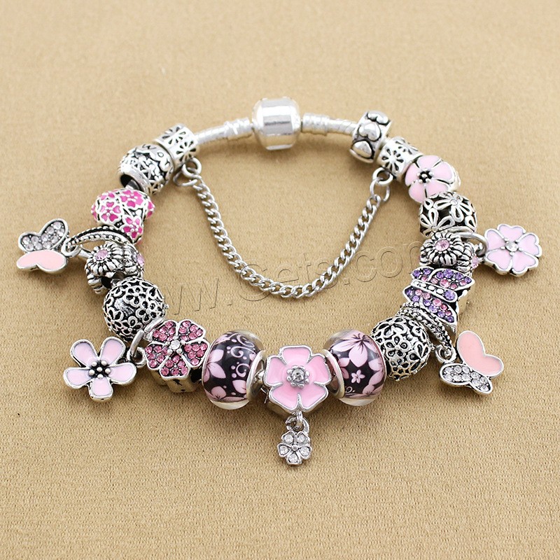 Zinc Alloy European Bracelets, with brass chain & Lampwork, plated, charm bracelet & different length for choice & snake chain & for woman & enamel & with rhinestone, Sold By Strand