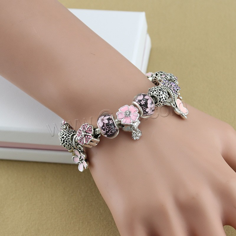 Zinc Alloy European Bracelets, with brass chain & Lampwork, plated, charm bracelet & different length for choice & snake chain & for woman & enamel & with rhinestone, Sold By Strand