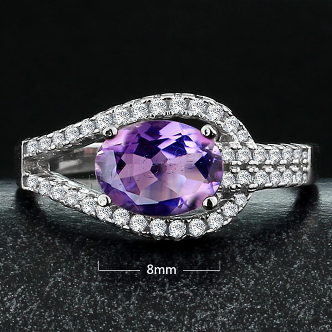 Cubic Zirconia Micro Pave Sterling Silver Finger Ring, 925 Sterling Silver, with Amethyst, different size for choice & micro pave cubic zirconia & for woman & faceted, 8mm, Sold By PC