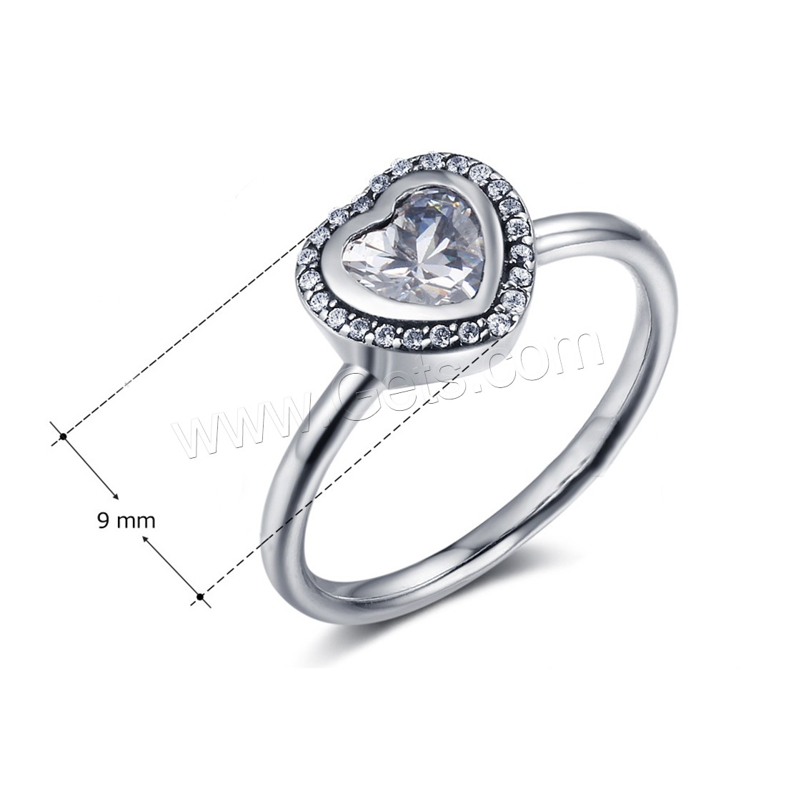 Cubic Zirconia Micro Pave Sterling Silver Finger Ring, 925 Sterling Silver, Heart, Unisex & different size for choice & micro pave cubic zirconia, 9mm, Sold By PC