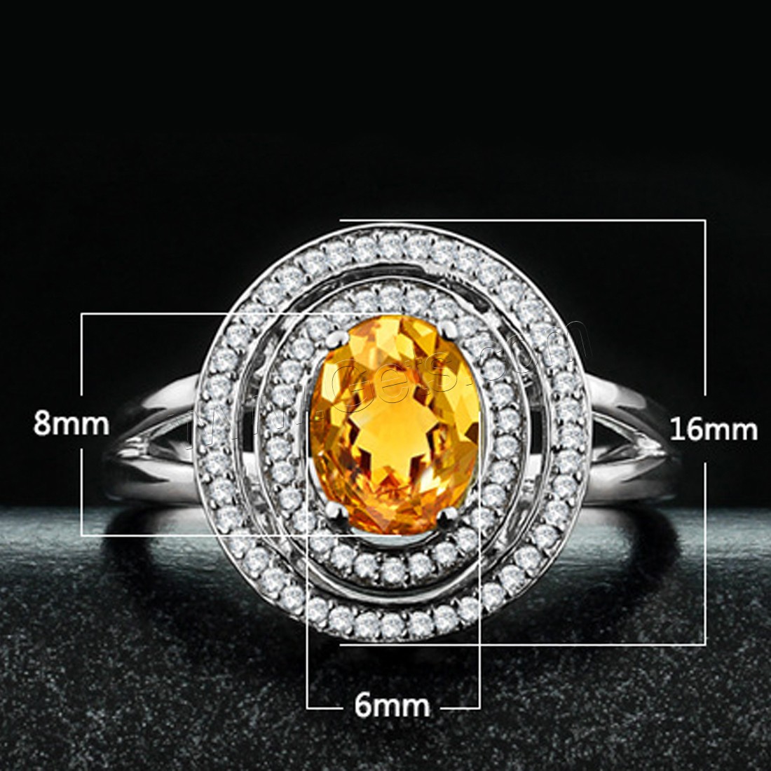 Cubic Zirconia Micro Pave Sterling Silver Finger Ring, 925 Sterling Silver, with Citrine, Flat Oval, different size for choice & micro pave cubic zirconia & for woman & faceted, 6x8mm, 16mm, Sold By PC