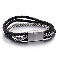 Titanium Steel Bracelet & Bangle, with Leather, braided bracelet & wheat chain & for man & , black, 15mm, 4mm Approx 8 Inch 