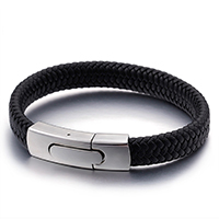 Leatheroid Cord Bracelets, Leather, stainless steel snap clasp, for man, black, 12mm, 13mm Approx 8 Inch 