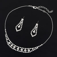 Rhinestone Zinc Alloy Jewelry Set, earring & necklace, stainless steel post pin, platinum color plated, for woman & with rhinestone, lead & cadmium free, 30mm, 15mm Approx 12 Inch 