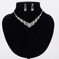 Rhinestone Zinc Alloy Jewelry Set, earring & necklace, stainless steel post pin, platinum color plated, for woman & with rhinestone, lead & cadmium free, 18mm, 30mm Approx 15.5 Inch 