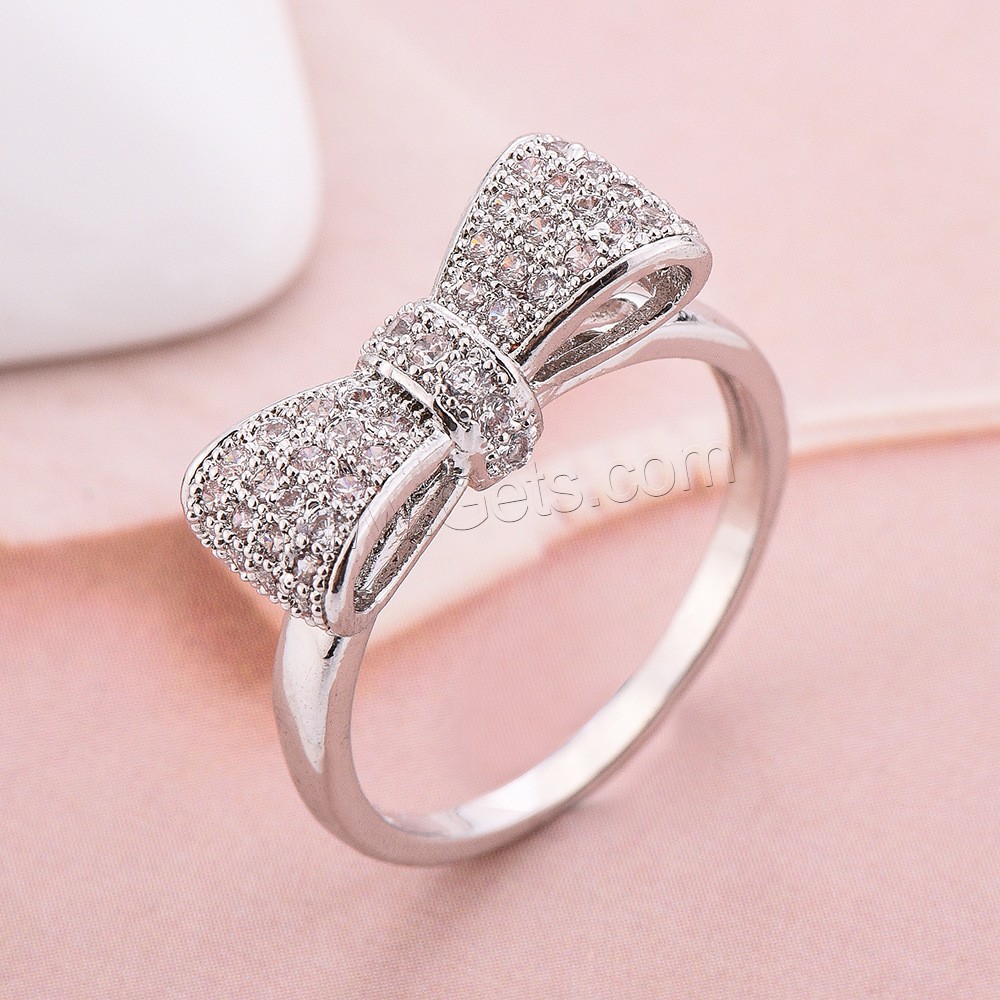 Cubic Zirconia Micro Pave Brass Finger Ring, Bowknot, platinum plated, Unisex & different size for choice & micro pave cubic zirconia, nickel, lead & cadmium free, Sold By PC
