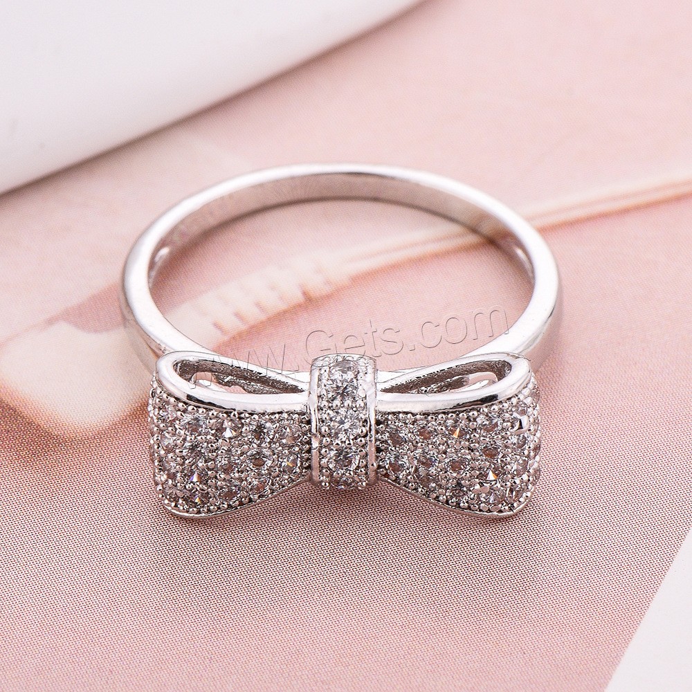 Cubic Zirconia Micro Pave Brass Finger Ring, Bowknot, platinum plated, Unisex & different size for choice & micro pave cubic zirconia, nickel, lead & cadmium free, Sold By PC