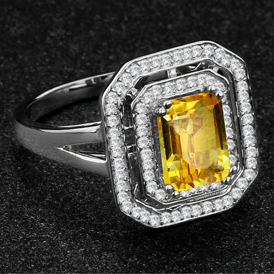 Cubic Zirconia Micro Pave Sterling Silver Finger Ring, 925 Sterling Silver, with Citrine, different size for choice & micro pave cubic zirconia & for woman & faceted, 6x8mm, 15mm, Sold By PC
