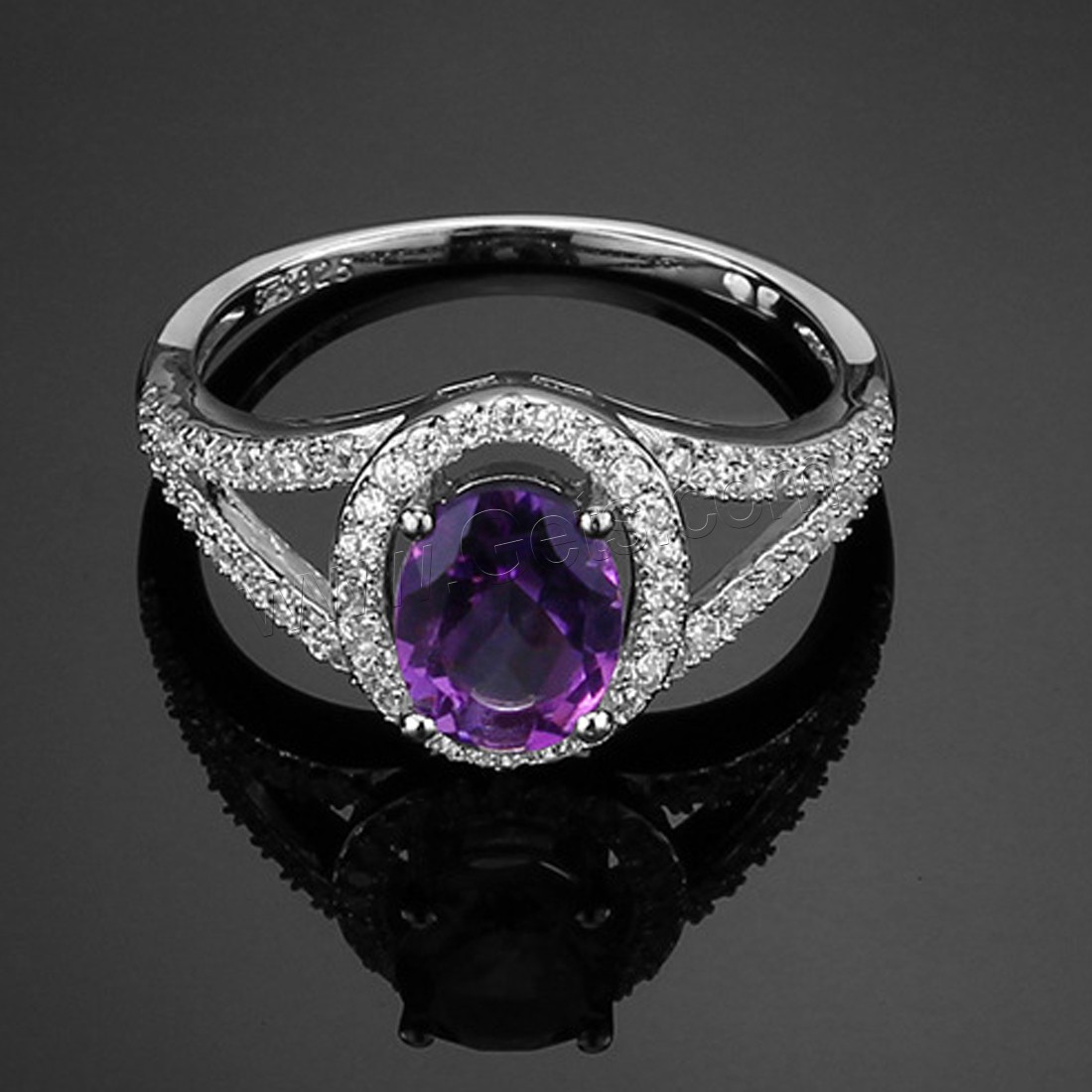 Cubic Zirconia Micro Pave Sterling Silver Finger Ring, 925 Sterling Silver, with Amethyst, Flat Oval, different size for choice & micro pave cubic zirconia & for woman & faceted, 6mm, Sold By PC