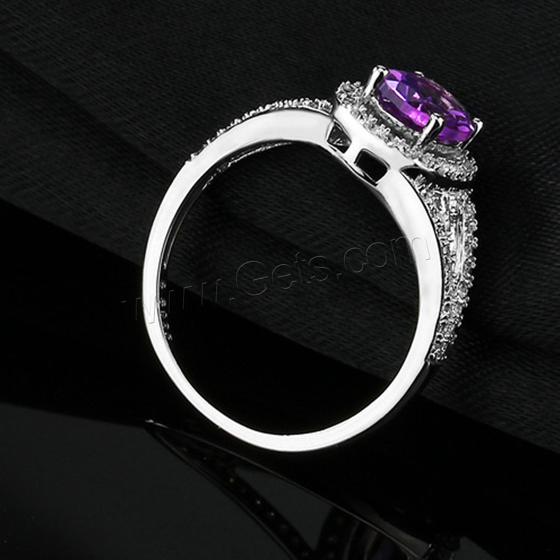 Cubic Zirconia Micro Pave Sterling Silver Finger Ring, 925 Sterling Silver, with Amethyst, Flat Oval, different size for choice & micro pave cubic zirconia & for woman & faceted, 6mm, Sold By PC