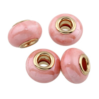 Messingkern Europa Porzellan Perlen, mit Messing, Rondell, ohne troll, Rosa, 10x15mm, Bohrung:ca. 5mm, verkauft von PC