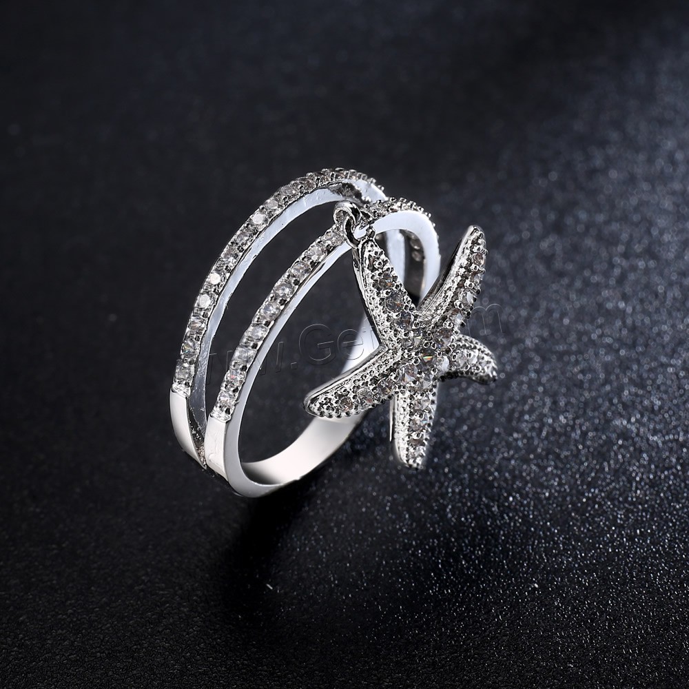 Cubic Zirconia Micro Pave Brass Finger Ring, Starfish, platinum plated, Unisex & different size for choice & micro pave cubic zirconia, nickel, lead & cadmium free, Sold By PC
