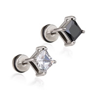 Titanium Steel Stud Earring, with Cubic Zirconia, stainless steel post pin,  Square, platinum color plated, Unisex 