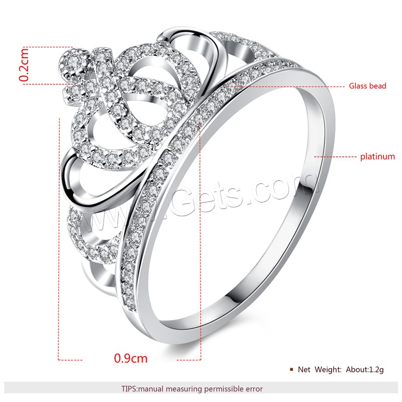 Rhinestone Brass Finger Ring, Crown, platinum plated, different size for choice & for woman & with cubic zirconia & hollow, 9mm, 2mm, Sold By PC