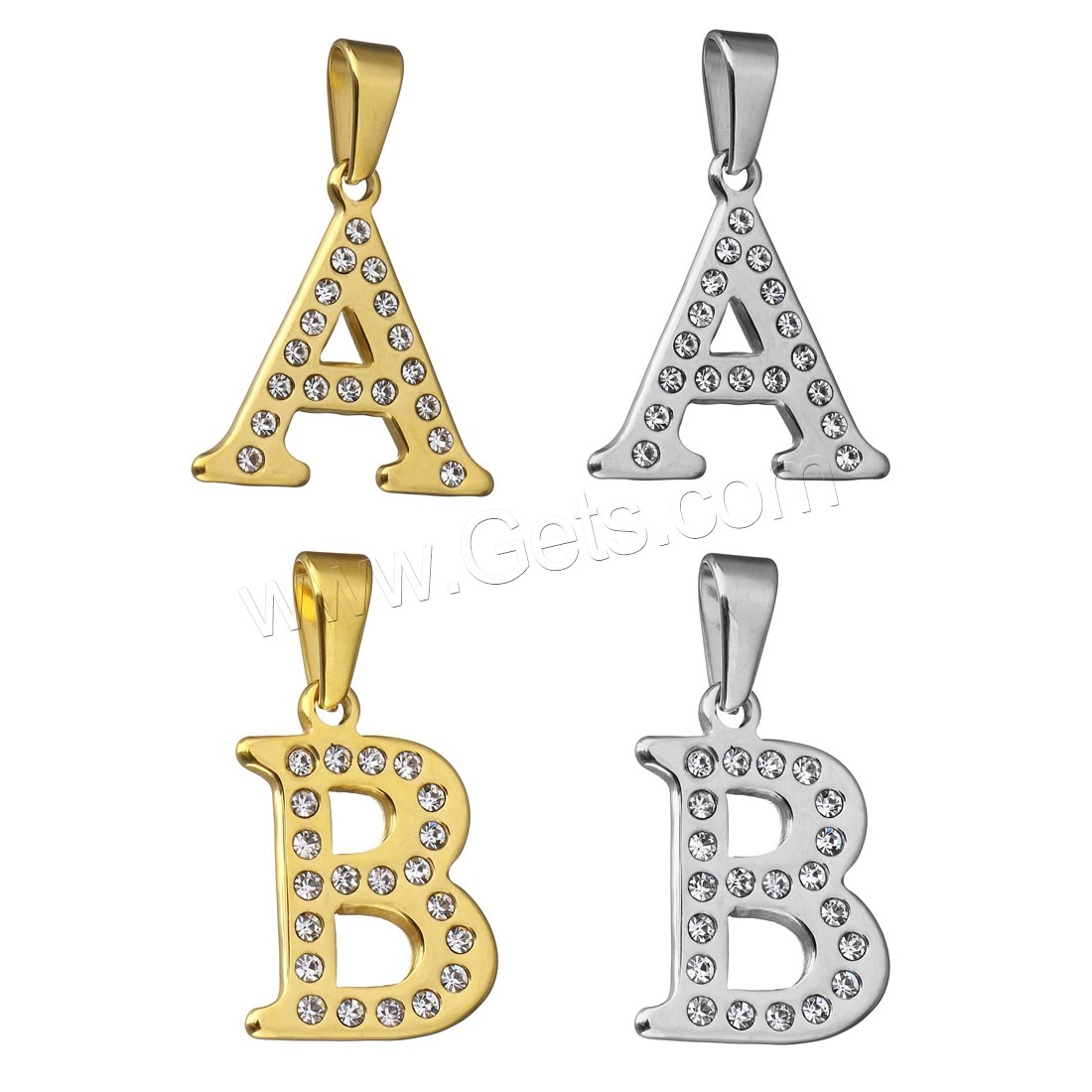 Stainless Steel Letter Pendant, plated, different styles for choice & with rhinestone, more colors for choice, 18-34x26-29x2mm, Hole:Approx 5x8mm, Sold By PC