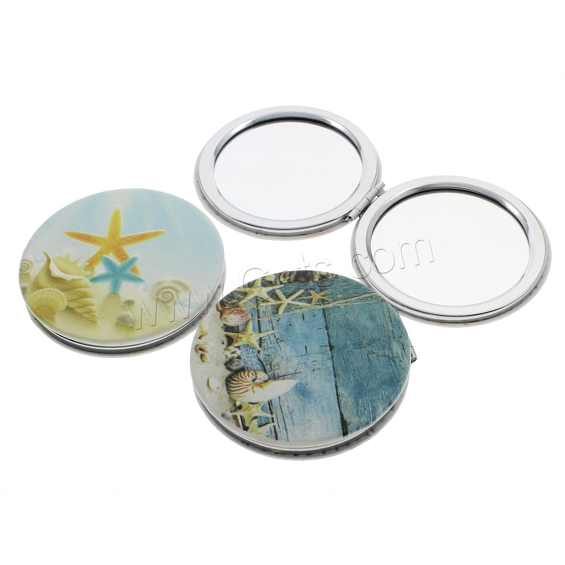 Aluminium Kosmetik Spiegel, mit PU Leder & Glas, flache Runde, Kunstdruck, gemischtes Muster & verschiedene Größen vorhanden, verkauft von PC