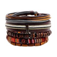 Cowhide Bracelet Set, with Waxed Nylon Cord & Wood, braided bracelet & adjustable & for man, 60mm Approx 7.6 Inch 