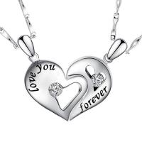 925 Sterling Silver Puzzle Couple Pendant, Heart, with letter pattern & enamel & with cubic zirconia  Approx 3-5mm 