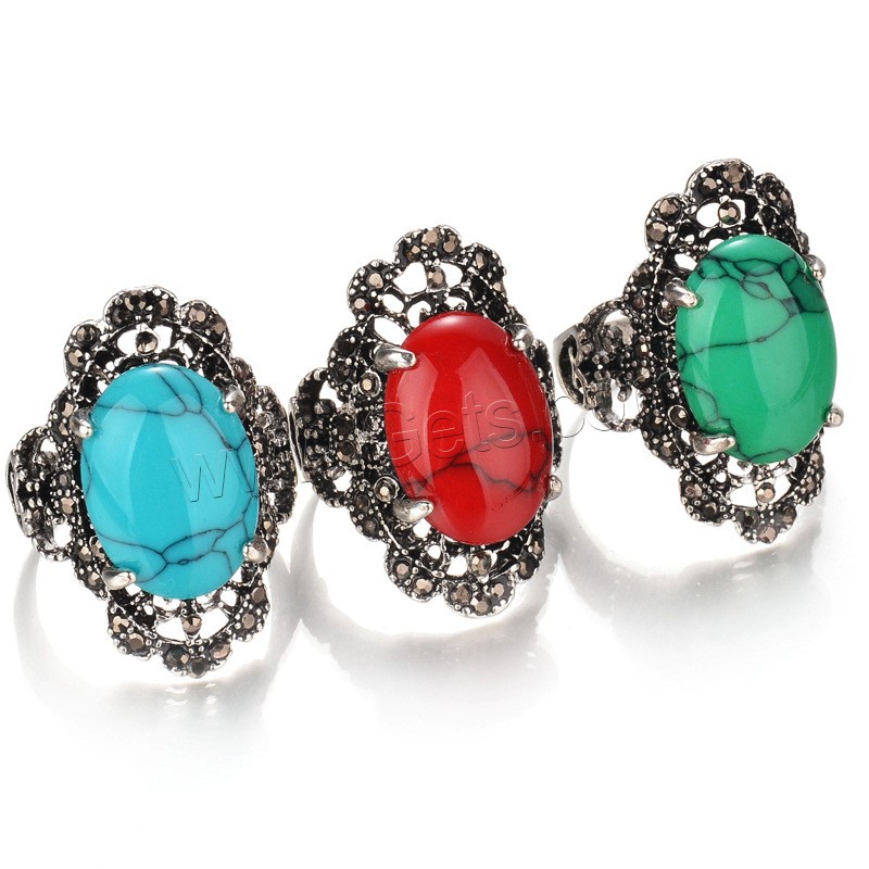 Turquoise Finger Ring, Zinc Alloy, with Synthetic Turquoise, Flat Oval, antique silver color plated, different size for choice & with rhinestone, more colors for choice, lead & cadmium free, 15x30mm, Sold By PC