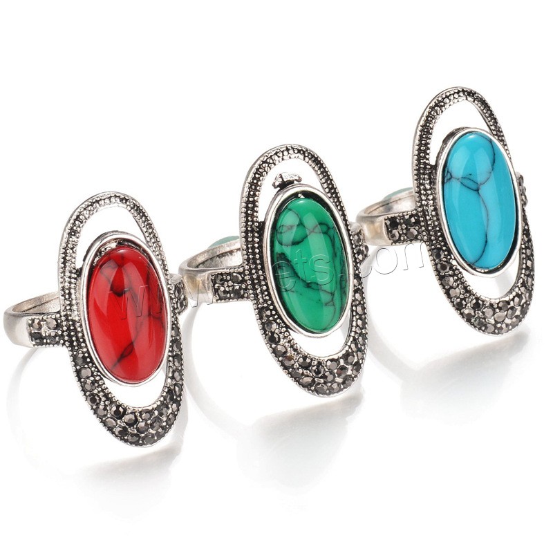 Turquoise Finger Ring, Zinc Alloy, with Synthetic Turquoise, Flat Oval, antique silver color plated, different size for choice & with rhinestone, more colors for choice, lead & cadmium free, 30mm, Sold By PC