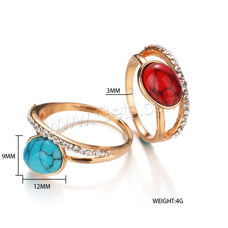 Turquoise Finger Ring, Zinc Alloy, with Synthetic Turquoise, Flat Oval, rose gold color plated, different size for choice & with rhinestone, more colors for choice, lead & cadmium free, 12x9mm, Sold By PC