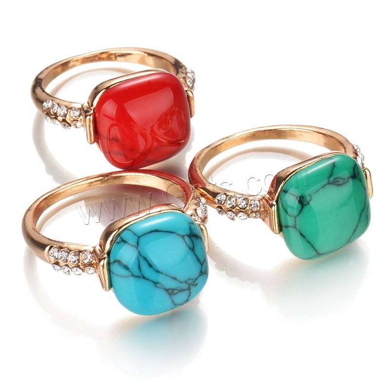 Turquoise Finger Ring, Zinc Alloy, with Synthetic Turquoise, Square, rose gold color plated, different size for choice & with rhinestone, more colors for choice, lead & cadmium free, 13x15mm, Sold By PC