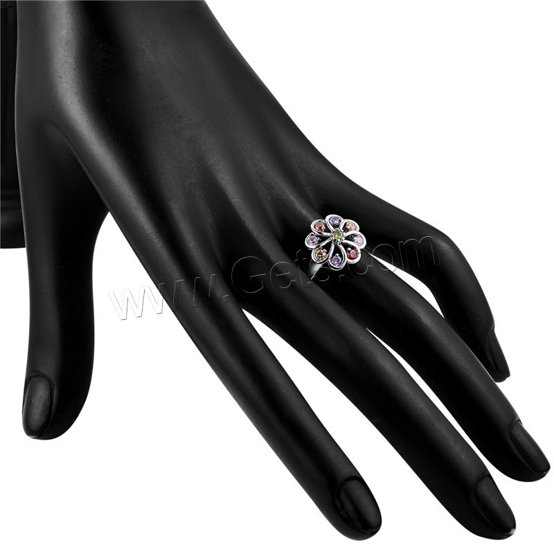 metal anillo, Flor, chapado en platina real, diverso tamaño para la opción & para mujer & con diamantes de imitación, libre de níquel, plomo & cadmio, Vendido por UD