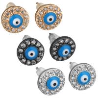 Evil Eye Earrings, Brass, with rubber earnut & Resin, Flat Round, plated, evil eye pattern & micro pave cubic zirconia & for woman 9mm 