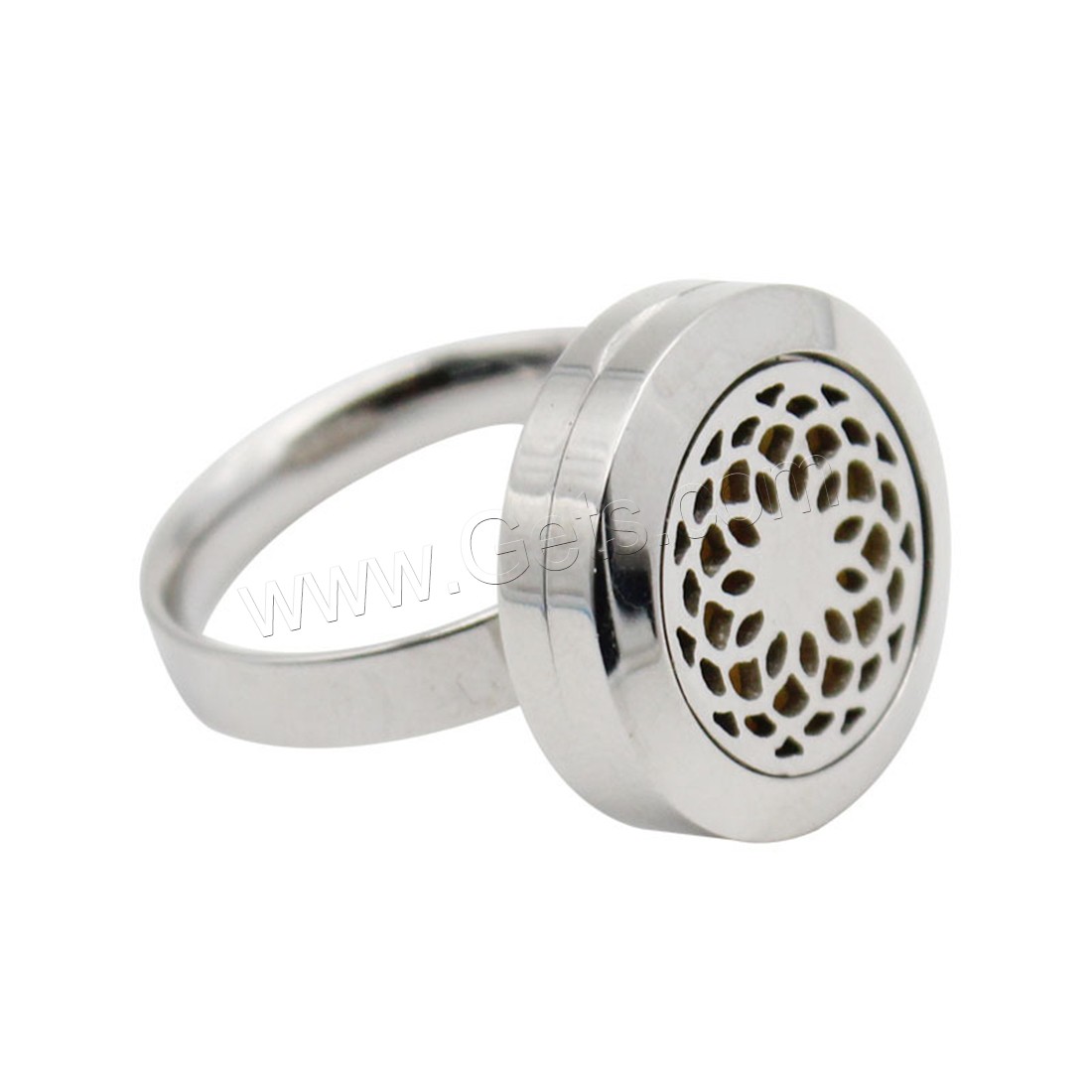 Stainless Steel Perfume Locket Ring, Flat Round, platinum plated, different size for choice & with flower pattern & for woman & hollow, 22mm, 5mm, Sold By PC