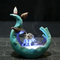 Incense Smoke Flow Backflow Holder Ceramic Incense Burner, Porcelain, with LED light, green 