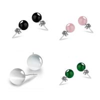 Gemstone Stud Earring, Brass, with Gemstone, Round, silver color plated & for woman, 8mm 