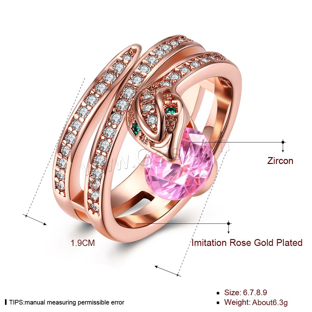 Favourer ® палец кольцо, Латунь, Змея, плакированный цветом розового золота, разный размер для выбора & Женский & с кубическим цирконием, Много цветов для выбора, 19mm, продается PC