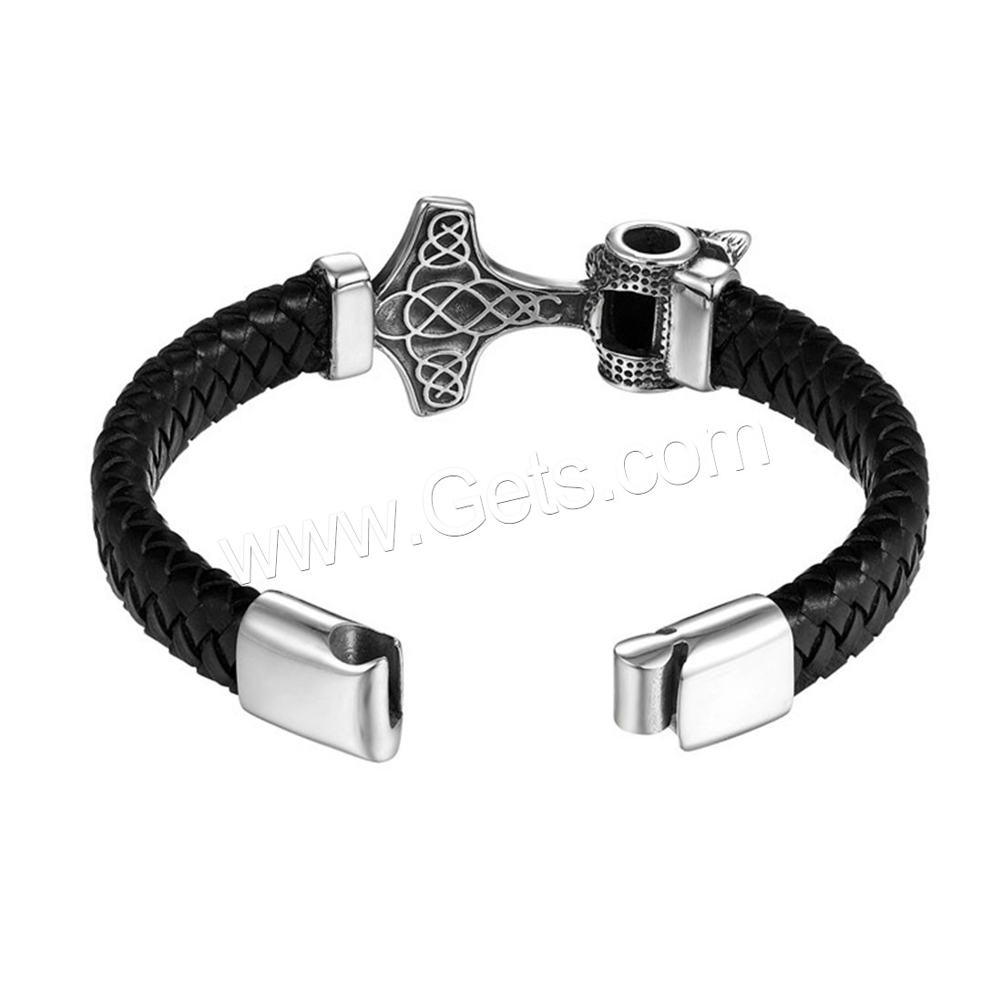 Men Bracelet, Stainless Steel, with PU Leather Cord & PU Leather, Hammer of Thor, different length for choice & for man & blacken, 44x30mm, Sold By Strand