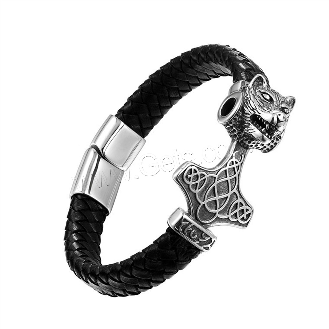 Men Bracelet, Stainless Steel, with PU Leather Cord & PU Leather, Hammer of Thor, different length for choice & for man & blacken, 44x30mm, Sold By Strand