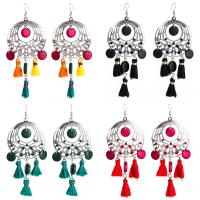 Fashion Tassel Earring, Zinc Alloy, with Nylon Cord & Wood, brass earring hook, silver color plated, for woman & with rhinestone 