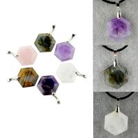 Gemstone Necklaces, with PU Leather, Hexagon, platinum color plated & Unisex, 28mm Approx 17.5 Inch 