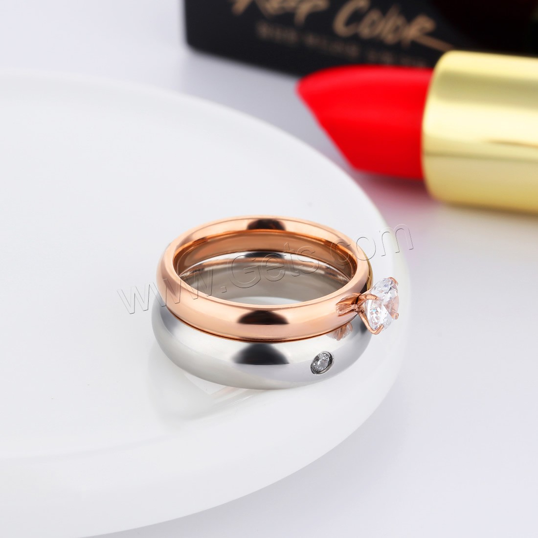 Cubic Zirconia anillo de dedo de acero inoxidable, chapado, diverso tamaño para la opción & para mujer & con circonia cúbica, 2mm, 5mm, diámetro interior:aproximado 21mm, 2PCs/Set, Vendido por Set
