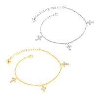 Brass Anklet, with 5cm extender chain, Cross, plated, micro pave cubic zirconia & for woman nickel, lead & cadmium free, 10mm Approx 8 Inch 
