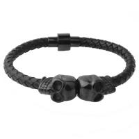 PU Leather Cord Bracelets, Titanium Steel, with PU Leather, Skull, black ionic, Unisex, 6mm Approx 9 Inch 
